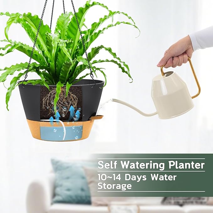 ZMTECH 12 Inch Hanging Planters for Indoor Plants, Large Self Watering Hanging Planter with Visible Water Level Window & Chain, Dark Gray Hanging Baskets for Outdoor Patio