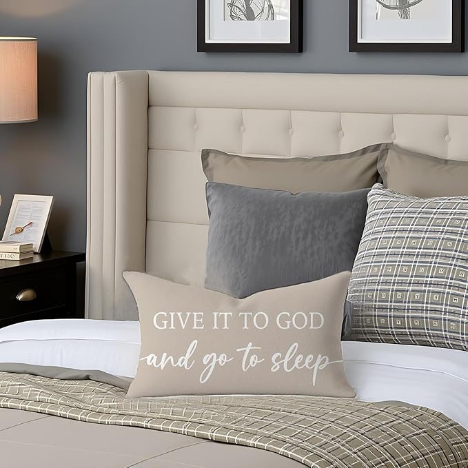 Warm Beige Lumbar Pillow Covers 12x20 Inch Set of 2 – Christian Throw Pillowcase for Couch – Give It to God and Go to Sleep/Relax God’s Got This – Faith-Based Decor