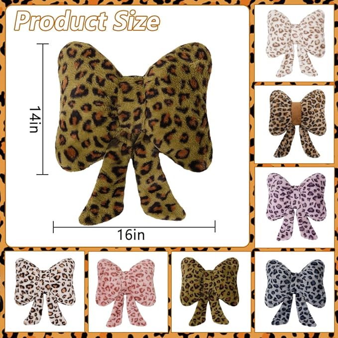 2Pcs Leopard Print Bow Throw Pillow Furry Bow Plush Pillows Cute Flower Plush Pillow Cheetah Home Decor Stuffed Bow Lumbar Pillow for Bed Couch Living Room Decor (Green, 16in)