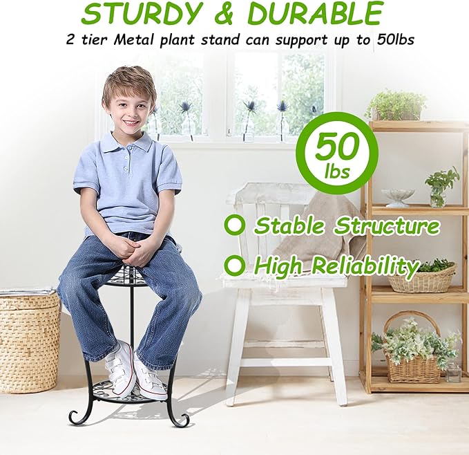 Potted Plant Stand 2 Tier Metal Flower Pot Stand Anti-Rust Heavy Duty Plant Holder Shelf for Home Indoor Outdoor