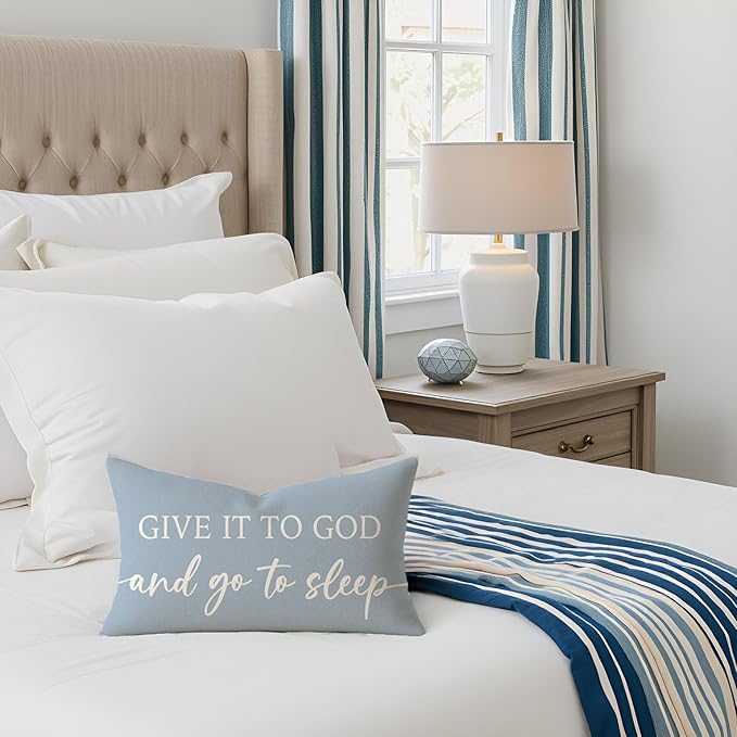 Dusty Blue Decorative Pillow Covers 12x20 Inch Set of 2 – Christian Gifts for Her – Relax God’s Got This/Give It to God and Go to Sleep – Faith Bedroom Lumbar Decor
