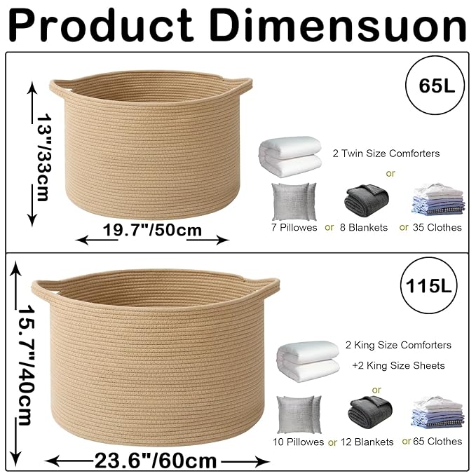 115L Large Blanket Basket,23.6" L x 23.6" W x 15.7" H Rope Woven Baskets with Handles, Toys Storage Bins,Laundry Basket Perfect for Living Room, Nursery,Bedroom,Home Organization,Camel