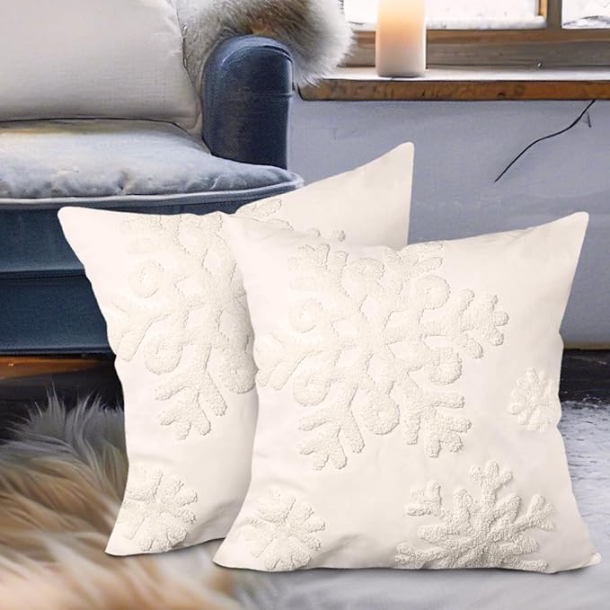 Winter Snowflake Embroidery Decorative Throw Pillow Covers 18 x 18 Set of 2, Tufted Snow Porch Outdoor Home Decor, Plush Faux Fur Jacquard Sofa Couch Cushion Case