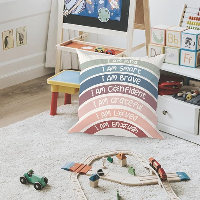 QIYUHOY Rainbow Classroom Throw Pillow Covers, Book Center Calming Corner Playroom Decor Pillow Case, Crimson Pillow Cover, I Am Kind Smart Brave Confidence 18x18 Inch Pillowcase（Crimson）