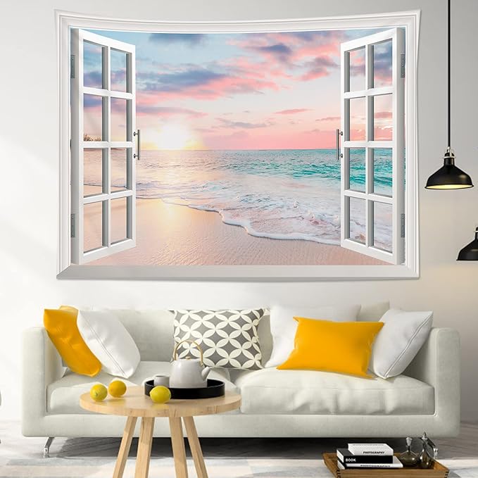 LB Ocean Tapestry Wall Hanging Sea Beach Sunset Wall Tapestry White Window Pink Sky Landscape Tapestries for Bedroom Living Room Dorm Home Wall Decor 60x40 Inches