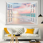 LB Ocean Tapestry Wall Hanging Sea Beach Sunset Wall Tapestry White Window Pink Sky Landscape Tapestries for Bedroom Living Room Dorm Home Wall Decor 60x40 Inches