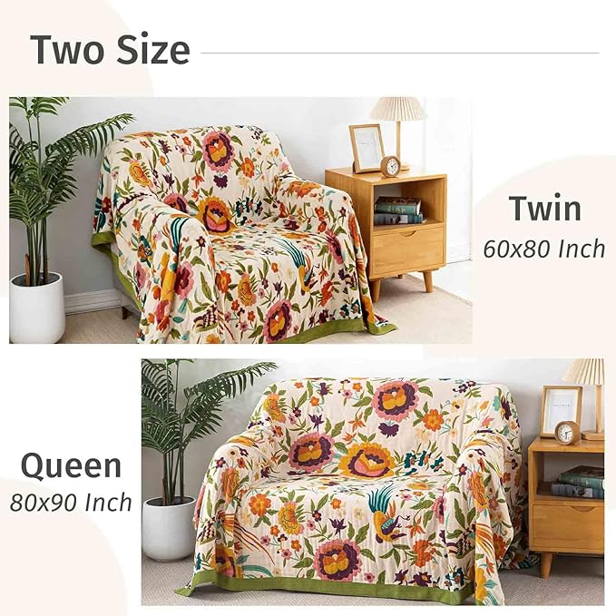 Qidordour Boho Throw Blanket, 60"x80" Muslin Blankets for Adult, 100% Organic Cotton Blanket for Couch Sofa, Lightweight Quilt, All Season Bed Throw, Farmhouse Home Decor, C-Phoenix Floral