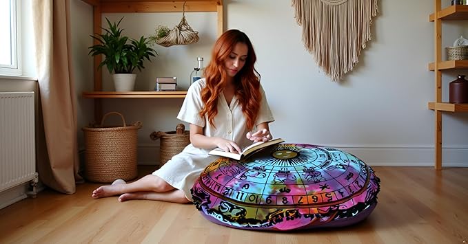 ICC 32 Inch Large Hippie Mandala Floor Pillow Ottoman Pouf Cover - Indian Peacock Daybed Oversized Cotton Cushion Cover Heavy Duty Zipper Seating Ottoman Cover - Dog Pets Bed Cover Zodiac