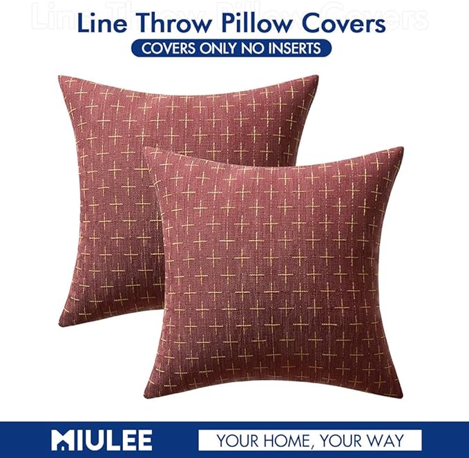 MIULEE Pack of 2 Christmas Decorative Burlap Linen Throw Pillow Covers Modern Farmhouse Pillowcase Rustic Woven Textured Cushion Cover for Sofa Couch Bed 24x24 Inch Wine Red