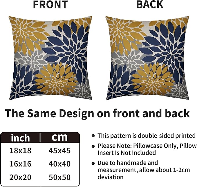 Yellow and Blue Throw Pillow Covers 18X18 Inch Set of 2, Navy Yellow Gray Grey Dahlia Floral Print Modern Decorative Pillow Covers Outdoor Farmhouse Cushion Case for Home Couch Sofa Bed Decoration