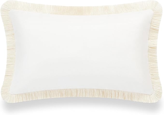 Hofdeco Premium Coastal Patio Indoor Outdoor Lumbar Pillow Cover Only, 12"x20" Water Resistant for Backyard, Couch, Solid White Fringe