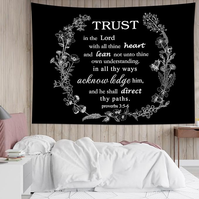 EOBTAIN Bible Tapestry White Christian Scripture Verse and Floral on Black Tapestries for Bedroom Aesthetic Inspirational Quotes Tapestry Wall Hanging Decor for Living Room College Dorm 92"x70"
