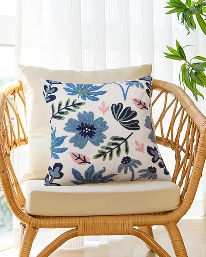 Embroidered Floral Boho Throw Pillow Cover 18x18 Inch - Decorative Cotton Pillow Case for Couch, Sofa, Bedroom, Living Room - Farmhouse Home Aesthetic Housewarming Gifts (Blue Serenity, 18" x 18")