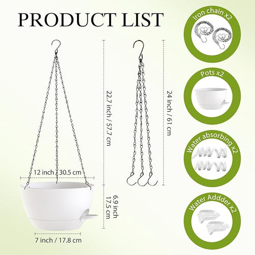 12 Inch Hanging Baskets 2 PC with Chains, Self-Watering Hanging Planters for Indoor Outdoor Plants, Plastic Hanging Flower Pots,White