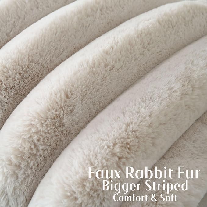 FUTEI Beige Decorative Throw Pillow Covers 24x24 Inch Set of 2, Square Soft Faux Rabbit Fur Thick Striped European Cushion Covers,Spring Home Decor for Couch Bed Living Room