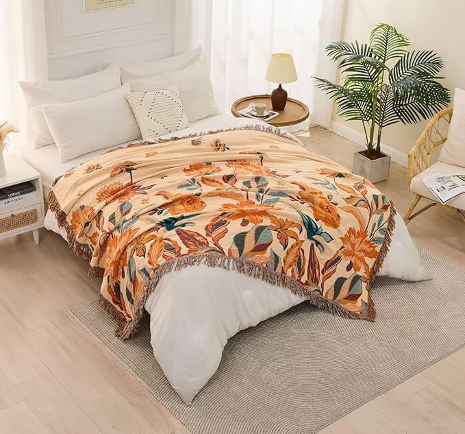 Boho Blanket for Bed 100% Cotton Bohemian Throw Blankets Ultra Soft Woven Muslin Decorative Blankets All Seasons Vintage Quilt Knitted Blanket for Sofa Chair(Orange, 80"x90")