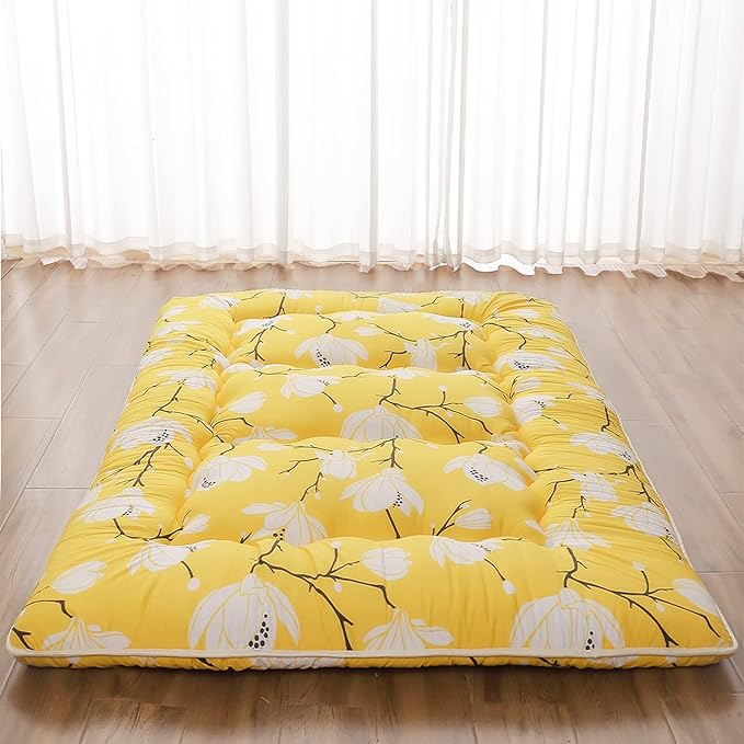 Japanese Floor Mattress, Futon Mattress with Portable Storage Bag and Washable Cover, Roll Up Thick Tatami Mat Suitable for Camping, Guest Room, Yellow Flower, Queen