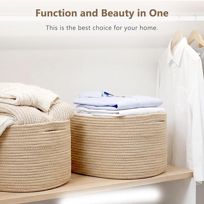 Cotton Rope Storage Basket, 15x10x9 Inches, Woven Basket for Shelves, Clothes, Towels, Books, and Laundry, Jute Brown (2 Pack)