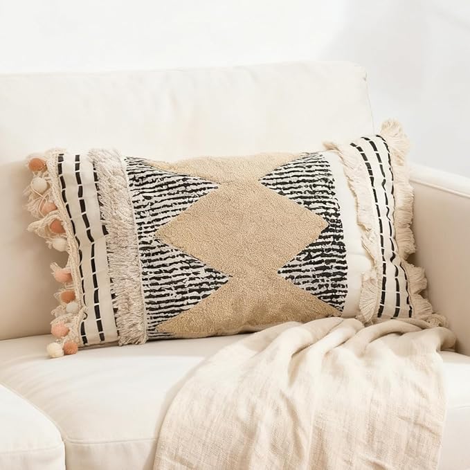 1Pc Boho Textured Lumbar Pillow Cover 12x 20, Diamond Woven Tufted Farmhouse Neutral Decorative Linen Pillow Cushion Case,Geometric Home Decor for Outdoor Couch Bedroom Car Black and White