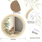 ULIKE Rattan Wicker Mirror for Bathroom, 24 Inch Boho Woven Decorative for Wall, Rustic Farmhouse Vanity Mirror, Round Rattan Mirrors for Living Room Entryway Bathroom Bedroom