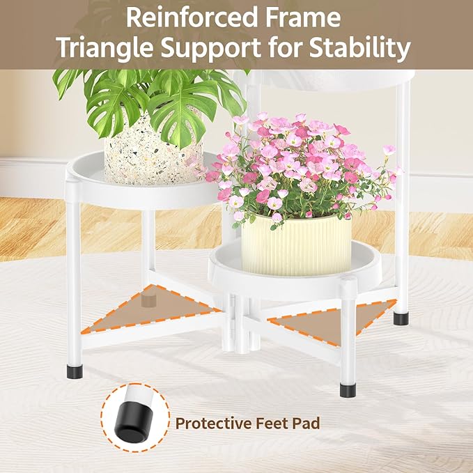 LASZOLA 5 Tiered Plant Stand Indoor Outdoor with Plastic Tray, Corner Folding Tall Flower Display Rack, Modern Plant Holder Shelf for Outdoor Patio Porch Garden Office Living Room, White