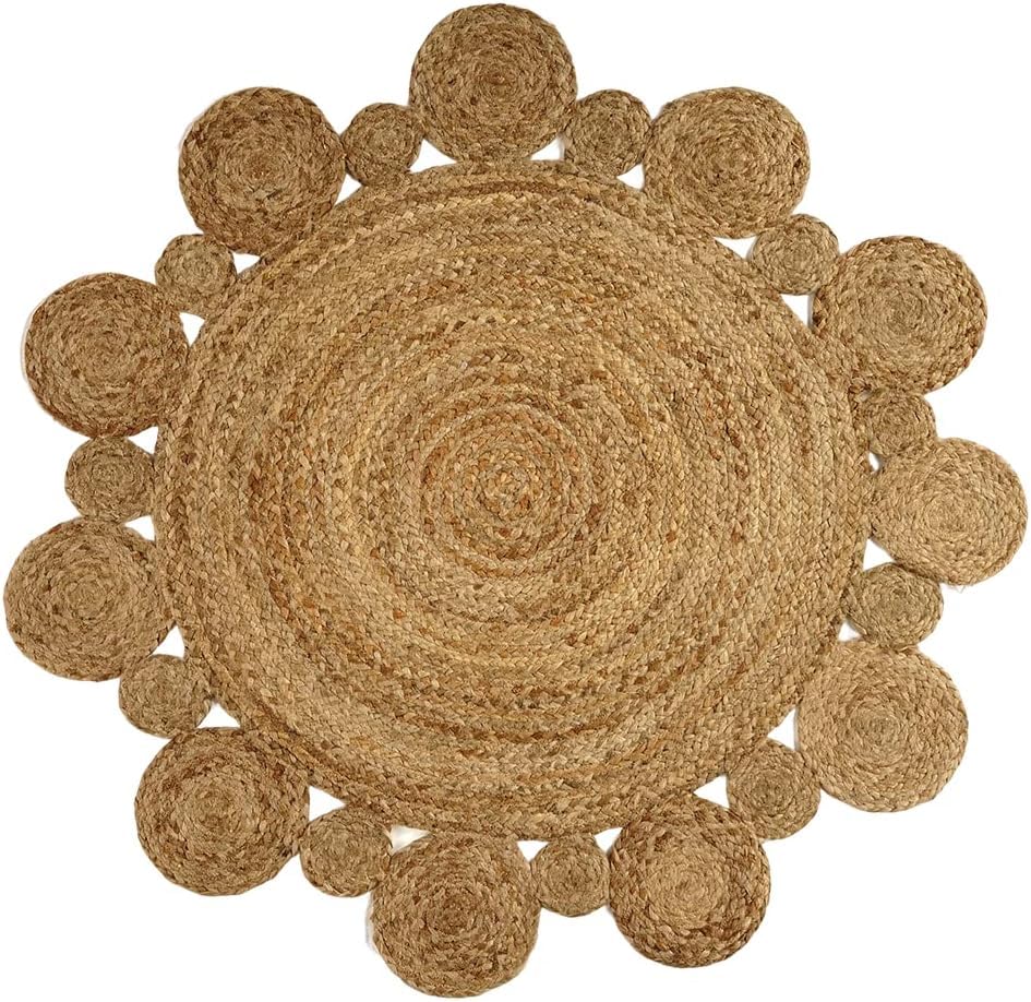 GRUHUM Handwoven 8ft Jute Area Rug Natural Fiber Round Boho Farmhouse Rustic Vintage Soft Braided Reversible Eco Friendly Rugs for Indoor Outdoor Kitchen Bedroom Living Room Hallways (8' ft Circle) - color: Natural- 08, size: 8' (Round)