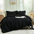 WONGS BEDDING Black Comforter Set King,3 Pieces Ruffle Farmhouse Shabby Chic Boho Comforter for King Bed,Soft Textured Bedding Set with 1 Ruffle Comforter,2 Tufted Pillowcases 104"×90"