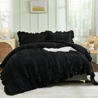 WONGS BEDDING Black Comforter Set King,3 Pieces Ruffle Farmhouse Shabby Chic Boho Comforter for King Bed,Soft Textured Bedding Set with 1 Ruffle Comforter,2 Tufted Pillowcases 104"×90"