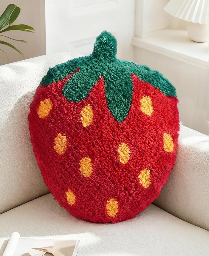 Strawberry Shaped Throw Pillow - Cute Decorative Plush Throw Pillow for Couch, Sofa, or Living Room, 17.7" x 13" Red Soft Cushion for Home Decor