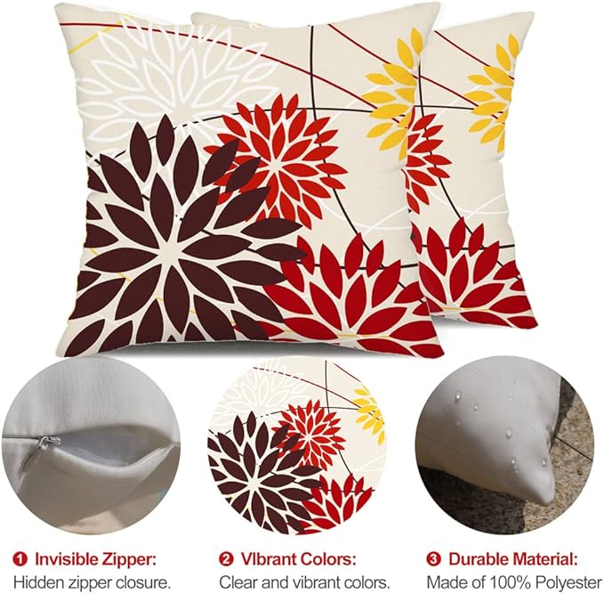 DFXSZ Red Brown Outdoor Pillow Cover 16X16 Inch Set of 2 Outdoor Waterproof Fall Floral Brown Decorative Pillowcase Decor for Couch Patio Funiture Garden Print Polyester Cushion Cover 01K16