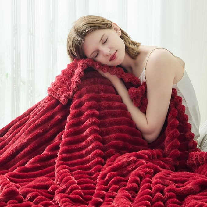 NEWCOSPLAY Super Soft Twin Blanket Red Premium Silky Flannel Fleece 3D Ribbed Jacquard Lightweight Bed Blanket All Season Use (Red Ribbed, Twin(60"x80"))
