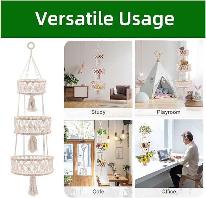 3-Tier Macrame Hanging Basket - Cotton Rope Fruit & Vegetable Storage Organizer, Boho Decor Kitchen Hanging Baskets with Hooks, Decorative Plant Holder for Home, Farmhouse, Grocery (Natural, 12")