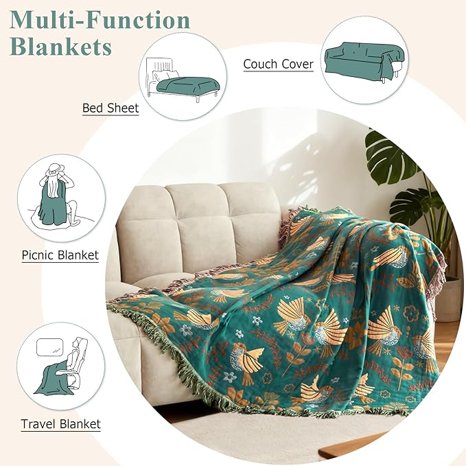 Boho Throw Blanket - 100% Cotton Soft Throw Blanket for Bed, 90"x90" Reversible Breathable Lightweight Spring Blankets, All Seasons Farmhouse Decor Floral Plant Bird Throw Quilt