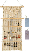 Macrame Jewelry Hanger, Hanging Jewelry Organizer,Boho Earring Holder Wall Mounted Necklace Holder, Tapestry Earrings Display, Bracelet Storage Minimalist Decor Tassel for Women Room (White)
