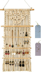Macrame Jewelry Hanger, Hanging Jewelry Organizer,Boho Earring Holder Wall Mounted Necklace Holder, Tapestry Earrings Display, Bracelet Storage Minimalist Decor Tassel for Women Room (White)