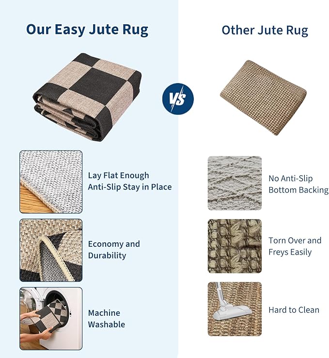 GarveeHome Easy Jute Rug 10x13 Washable Rugs for Farmhouse Living Room Checkered Indoor Outdoor Rug for Patio Non-Slip No Shed Jute Rugs Geometric Carpet for Dining Room Backyard Office, Natural