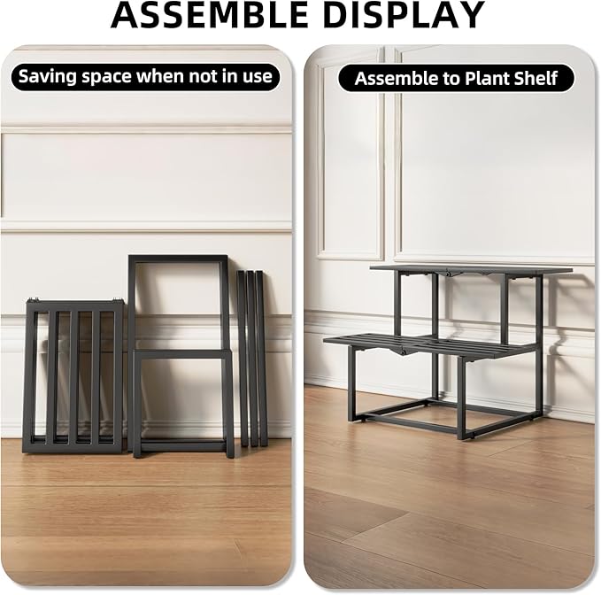Plant Stand Indoor Outdoor, Foldable Metal Plant Shelf for Multiple Pots, Mid Century Slatted Bench for Patio Garden, Heavy Duty Capacity 330 lbs 2 Tier Black