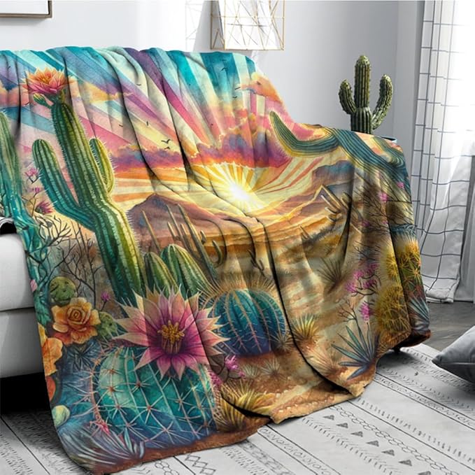 Desert Sunset Throw Blanket Cactus Fleece Throw Blanket for Sofa Couch Bed Desert Sunset Scenery Plush Blanket Ultra Soft Decor Boho Natural Theme Fuzzy Blanket Baby Soft 30"x40"