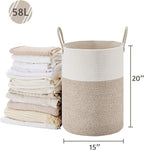 VIPOSCO Large Laundry Hamper, Tall Woven Rope Storage Basket for Blanket, Toys, Dirty Clothes in Living Room, Bathroom, Bedroom - 58L White & Brown