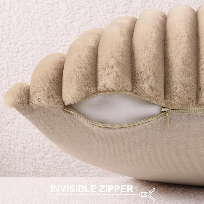 Pallene Faux Fur Plush Lumbar Throw Pillow Covers 12x20 Set of 2, Luxury Soft Fluffy Striped Decorative Pillow Covers for Sofa, Couch, Living Room, Khaki