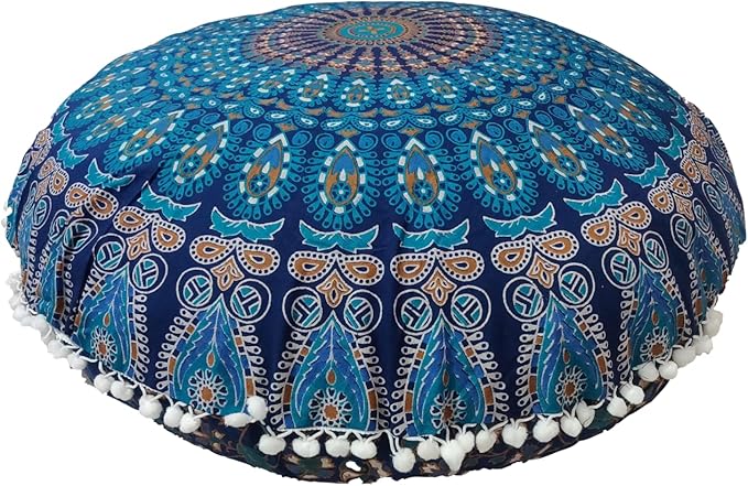 ICC Large Hippie Elephant Mandala Floor Pillow Cover - Cushion Cover - Pouf Cover Round Bohemian Yoga Decor Floor Cushion Case- 32" (Green Peacock)