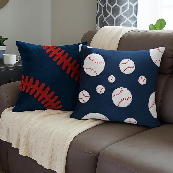 Breling Set of 2 Embroidered Baseball Velvet Pillow Cover 18x18 Inch Decorative Baseball Pillow Covers Cushion Case Sports Lover Gifts for Boys Room Decor Sofa Couch Bed Car