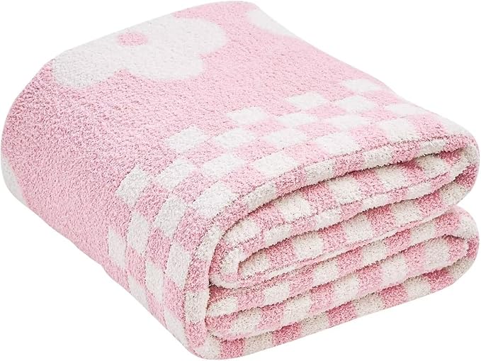 Checkered Throw Blanket, Pink Super Soft Knit Breathable Throw Blanket, Cozy Fluffy Reversible Checkerboard Flower Fuzzy Blanket for Couch Sofa Bed Living Room Decor 60 x 80 Inch