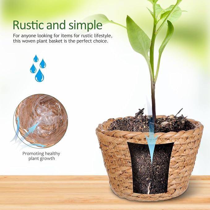 Alipis Wicker Planter: 5.1" Seagrass Plant Basket Indoor - Hand-Woven Planter Basket with Liner for Houseplants, Succulents & Boho Farmhouse Decor 2-Pack