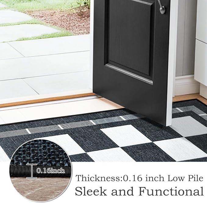 Vasofe Checkered Jute 5x7 Area Rugs, Washable Outdoor Patio Rug for Living Room Indoor Carpet, Non-Slip Farmhouse Geometric Non Slip Carpet for Backyard Dining Room Bedroom, Black and White
