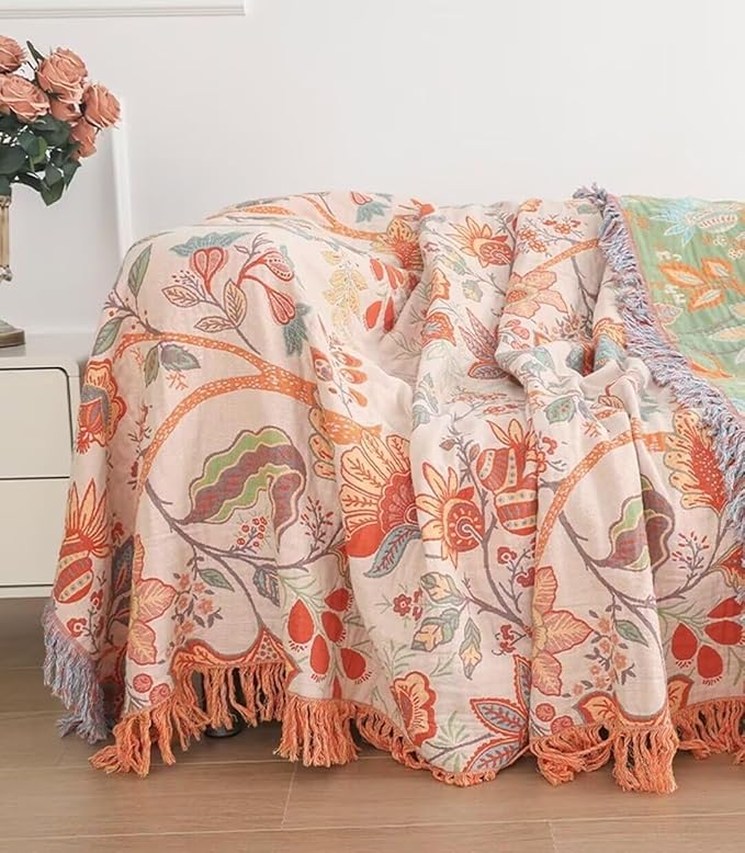Boho Blanket for Bed 100% Cotton Bohemian Throw Blankets Ultra Soft Woven Muslin Decorative Blankets All Seasons Vintage Quilt Knitted Blanket for Sofa Chair(Orange, 90"x98")