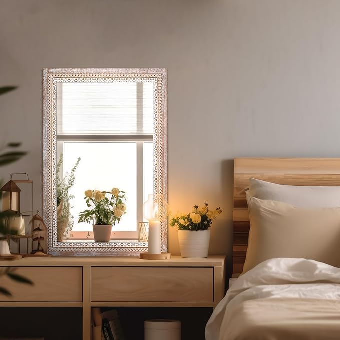 36x24 Inch Wooden Rectangle Bathroom Mirror, Rustic Decorative Wall Mirror for Over Sink, Living Room, Entryway, Boho Farmhouse Mirror with Beaded Frame (Horizontal/Vertical Mounting)