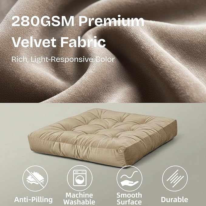 Meditation Floor Pillow Set of 2, Large Velvet Floor Pillows for Sitting, Tufted Floor Seating Cushions for Adults, Big Pillows for Yoga & Living Room, 22x22 Inch, Beige