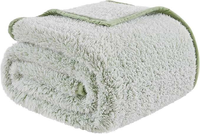 EMME Soft Sherpa Fleece Blanket Reversible Plush Fluffy Large Blanket, Light Weight Warm Decorative Boho Blanket Cover for Sofa, Couch, Bedroom,Travel(Plush Sage,108"x90")