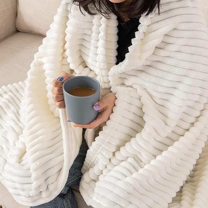 MIULEE Cream White Throw Blanket 3D Ribbed Jacquard Fleece Flannel Velvet Plush Decorative Bed Blanket (Throw, 50" x 70") - Super Soft, Lightweight, Warm and Cozy for Couch Sofa
